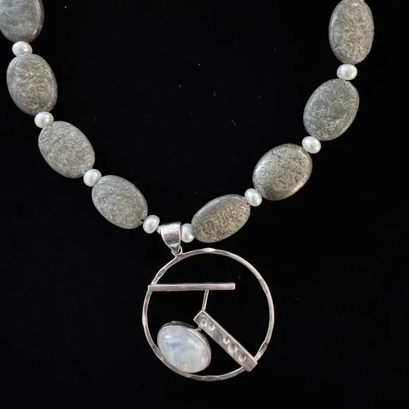NWOT Jasper Beaded Necklace with Moonstone 925 Pendant - Picture 3 of 9